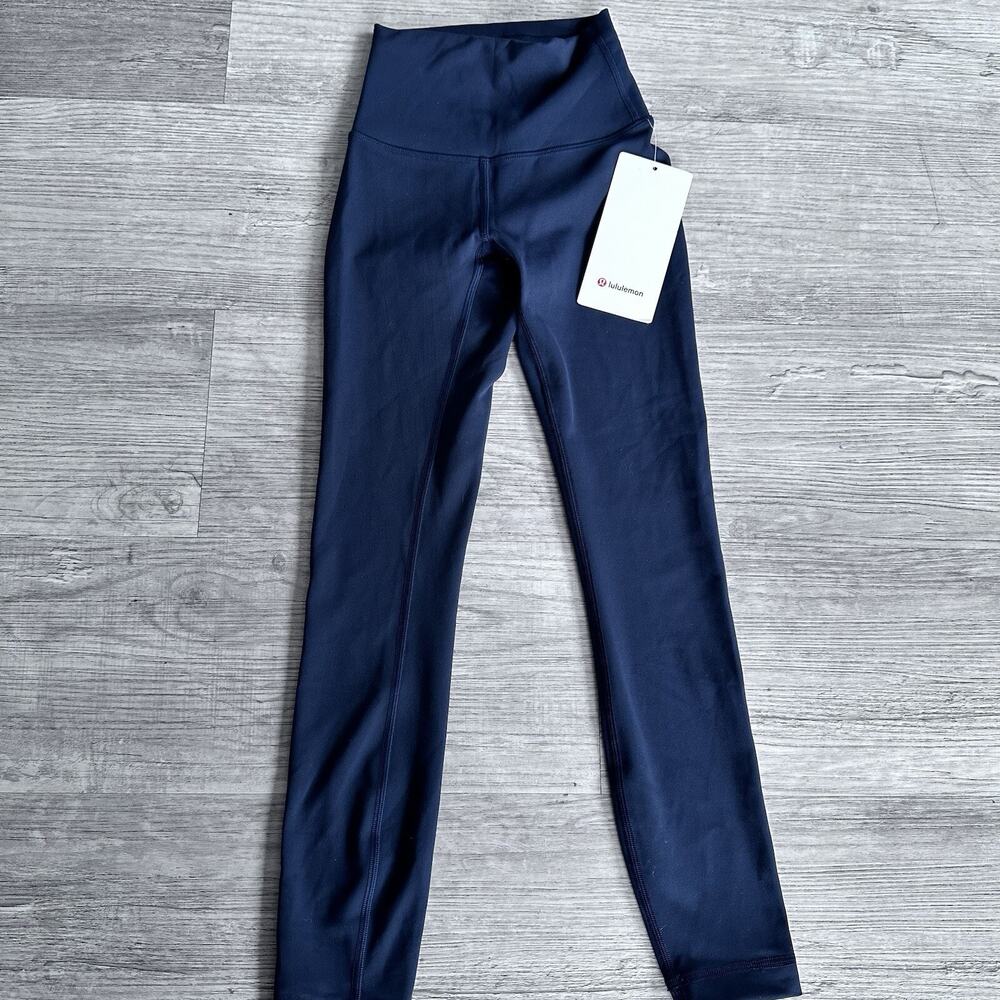 authentic Lululemon Wunder Train HR Tight 25” LW5CQDS TRNV Navy Leg Logo Sz 2